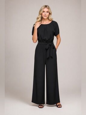 MIDNIGHT CLINCH PUFF SLEEVE ELASTIC WAIST WIDE LEG JUMPSUIT